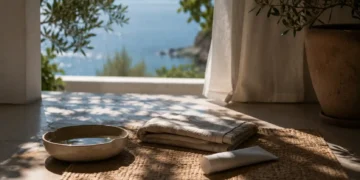 Pet travel editorial σκηνή με carrier, αποσκευή, μπολ νερού και απαλό ταξιδιωτικό φως
