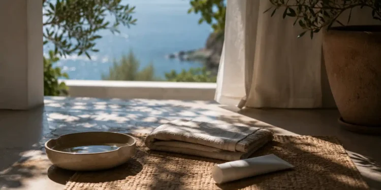 Pet travel editorial σκηνή με carrier, αποσκευή, μπολ νερού και απαλό ταξιδιωτικό φως