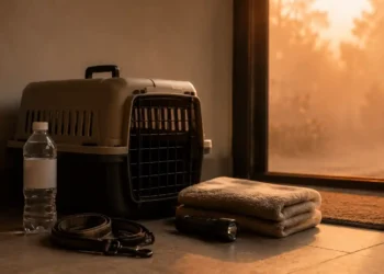 Καθαρή editorial εικόνα pet lifestyle με φυσικό φως, αρνητικό χώρο και συμβολικά στοιχεία φροντίδας