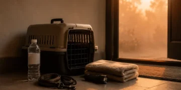 Καθαρή editorial εικόνα pet lifestyle με φυσικό φως, αρνητικό χώρο και συμβολικά στοιχεία φροντίδας