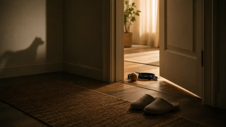 Καθαρή editorial εικόνα pet lifestyle με φυσικό φως, αρνητικό χώρο και συμβολικά στοιχεία φροντίδας